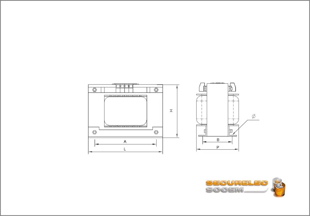 Plan technique pour le transformateur monophasé GD de 63 VA à 1,6 kVA