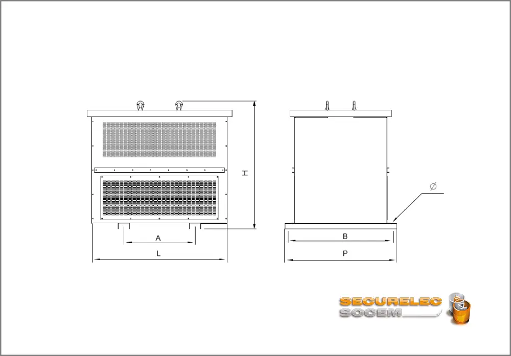 Plan technique coffret IP21 avec anneaux pour le transformateur monophasé et triphasé