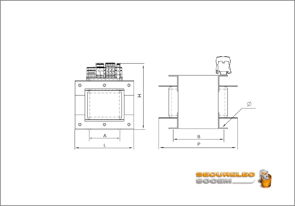 Plan technique pour le transformateur monophasé GDS