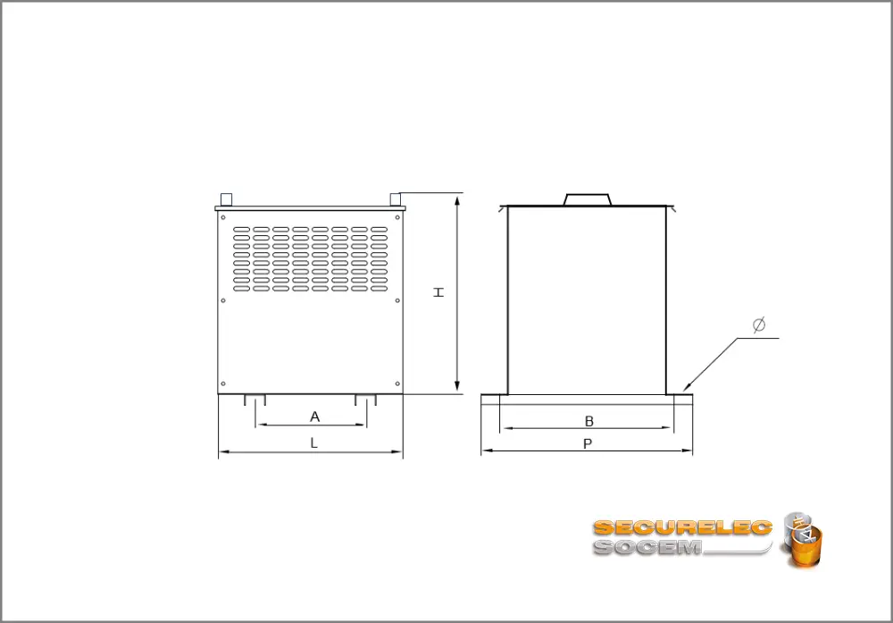 Plan technique coffret IP21 avec poignets pour le transformateur monophasé et triphasé
